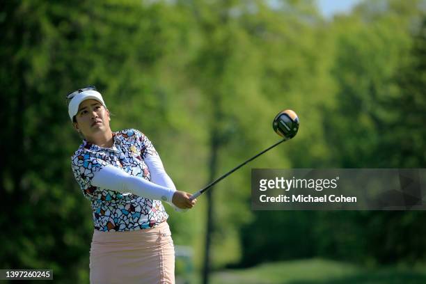 Jasmine Suwannapura of Thailand hits her drive during the first round of the Cognizant Founders Cup at Upper Montclair Country Club on May 12, 2022...