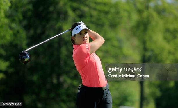 Albane Valenzuela of Switzerland hits her drive during the first round of the Cognizant Founders Cup at Upper Montclair Country Club on May 12, 2022...