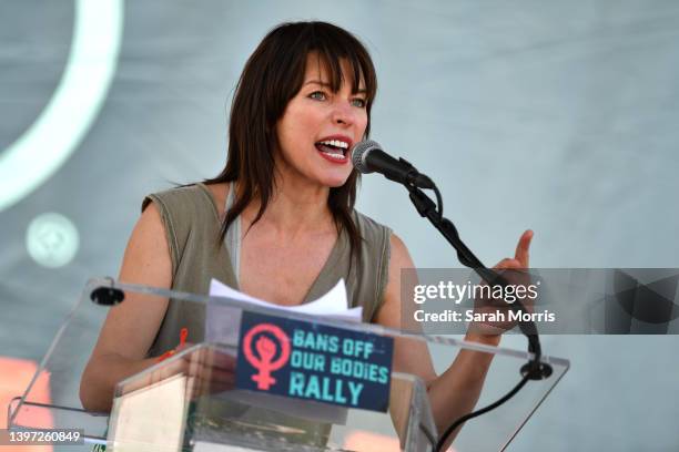 Actress Milla Jovovich speaks at the Women's March Foundation's National Day Of Action! The "Bans Off Our Bodies" reproductive rights rally at Los...