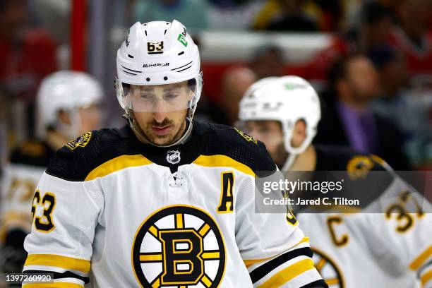 Brad Marchand of the Boston Bruins looks on during the second period in Game Seven of the First Round of the 2022 Stanley Cup Playoffs against the...