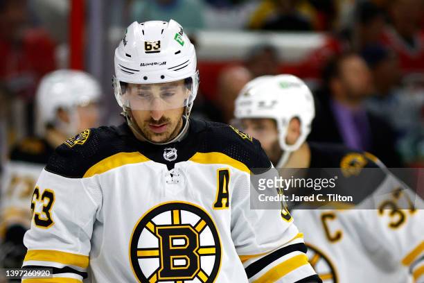 Brad Marchand of the Boston Bruins looks on during the second period in Game Seven of the First Round of the 2022 Stanley Cup Playoffs against the...