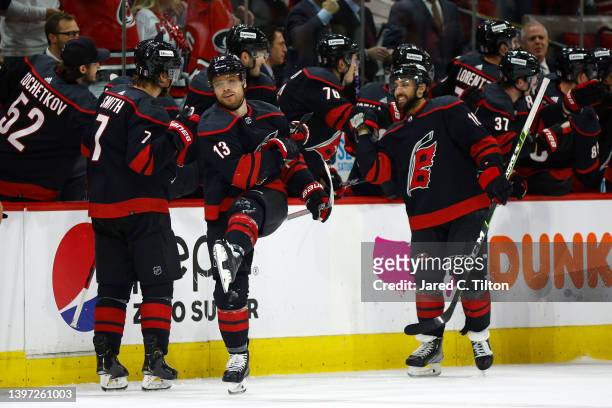 Max Domi of the Carolina Hurricanes celebrates his second period goal in Game Seven of the First Round of the 2022 Stanley Cup Playoffs against the...