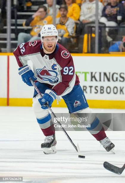 Gabriel Landeskog of the Colorado Avalanche skates against the Nashville Predators in Game Three of the First Round of the 2022 Stanley Cup Playoffs...