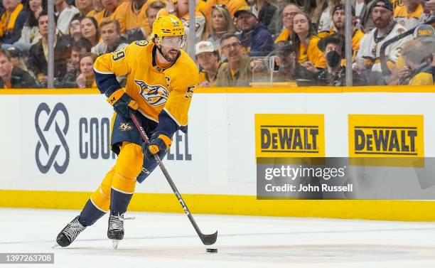 Roman Josi of the Nashville Predators skates against the Colorado Avalanche in Game Three of the First Round of the 2022 Stanley Cup Playoffs at...