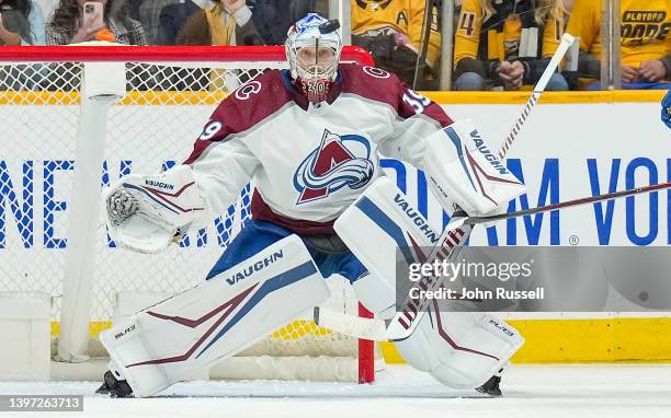 Pavel Francouz of the Colorado Avalanche eyes the puck against the Nashville Predators in Game Three of the First Round of the 2022 Stanley Cup...