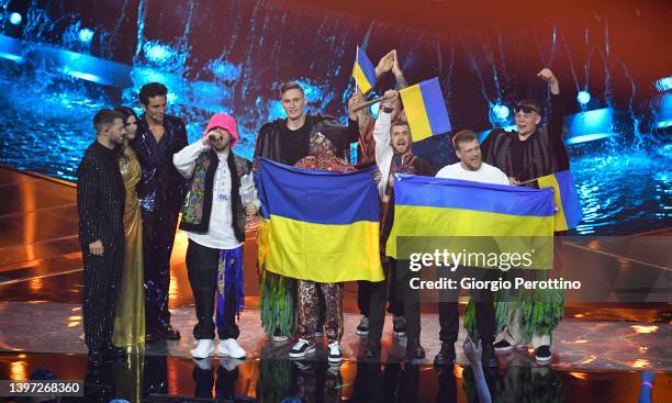 Alessandro Cattelan, Laura Pausini, Mika and 2022 Eurovision Song Contest winners Kalush Orchestra are onstage during the Grand Final show of the...