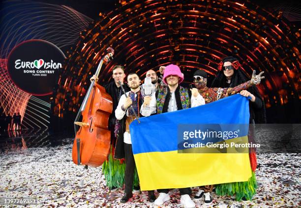 Kalush Orchestra of Ukraine are named the winners during the Grand Final show of the 66th Eurovision Song Contest at Pala Alpitour on May 14, 2022 in...