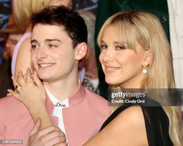 Noah Schnapp and Millie Bobby Brown attend Netflix's "Stranger Things" Season 4 Premiere at Netflix Brooklyn on May 14, 2022 in Brooklyn, New York.