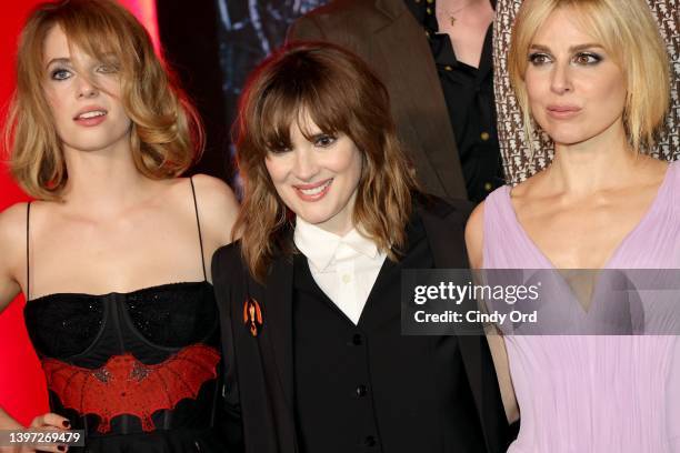 Maya Hawke, Winona Ryder and Cara Buono attend Netflix's "Stranger Things" Season 4 Premiere at Netflix Brooklyn on May 14, 2022 in Brooklyn, New...