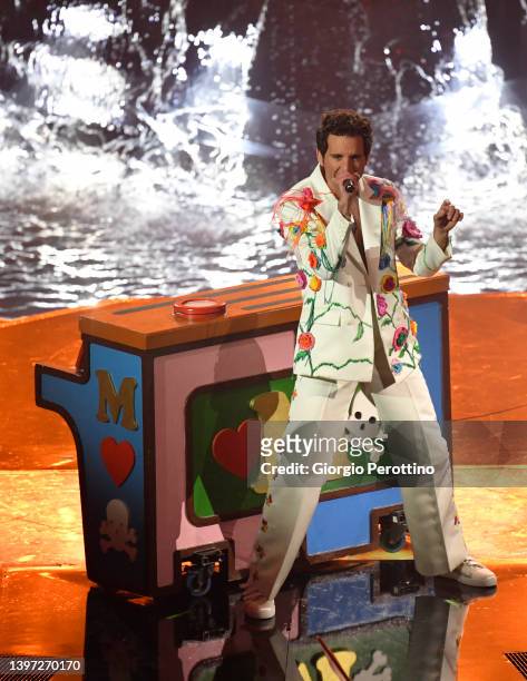 Mika performs on stage during the Grand Final show of the 66th Eurovision Song Contest at Pala Alpitour on May 14, 2022 in Turin, Italy.