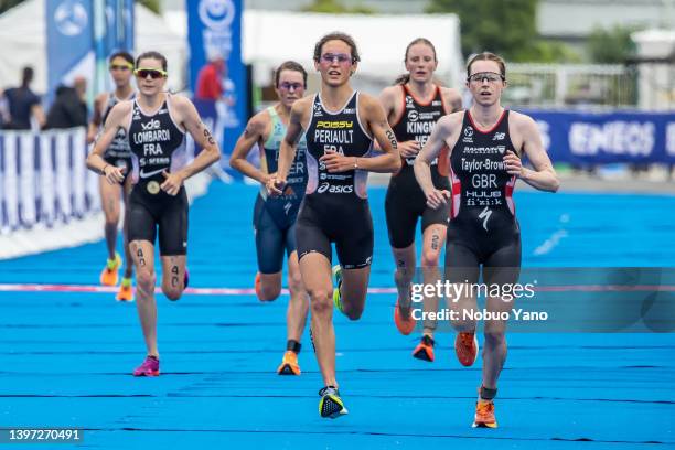 Georgia Taylor-Brown of Great Britain, Leonie Periault of France, Flora Duffy of Bermuda, Emma Lombardi of France during the ITU World Triathlon...