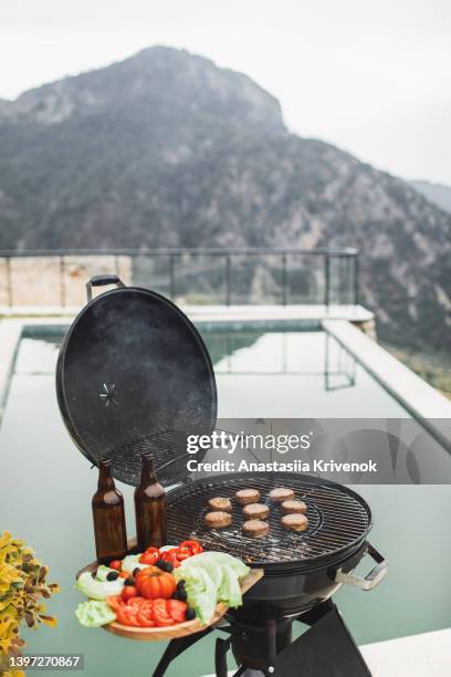 vegetarian barbecue with beers in home backyard. - backyard grilling stock-fotos und bilder