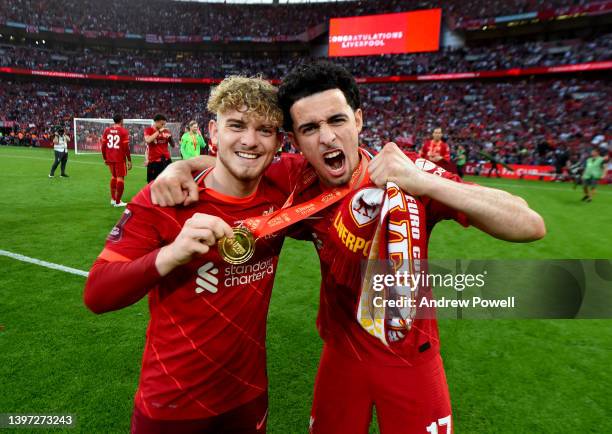 Harvey Elliott and Curtis Jones of Liverpool at the end of The FA Cup Final match between Chelsea and Liverpool at Wembley Stadium on May 14, 2022 in...