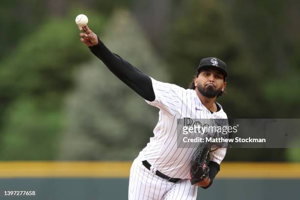 Starting pitcher German Marquez of the Colorado Rockies throws against the Kansas City Royals in the first inning at Coors Field on May 14, 2022 in...