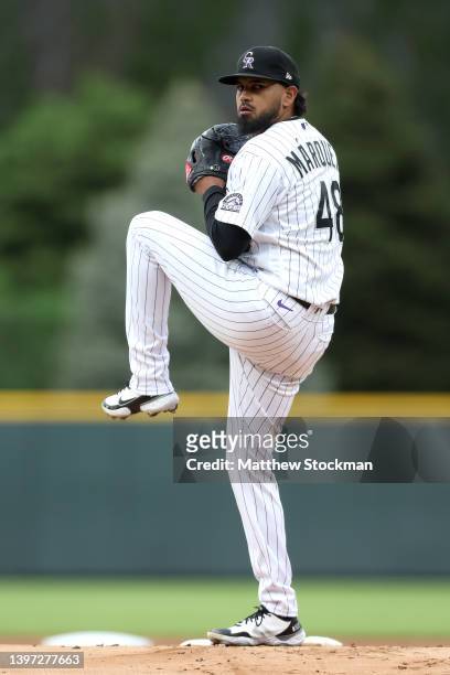Starting pitcher German Marquez of the Colorado Rockies throws against the Kansas City Royals in the first inning at Coors Field on May 14, 2022 in...
