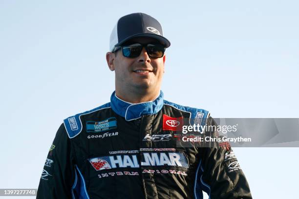 Stewart Friesen, driver of the Halmar International Toyota, walks onstage during driver intros prior to the NASCAR Camping World Truck Series Heart...