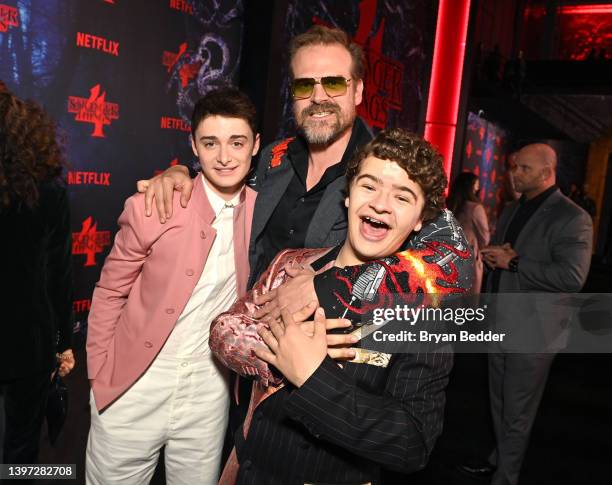 Noah Schnapp, David Harbour, and Gaten Matarazzo attend Netflix's "Stranger Things" Season 4 New York Premiere at Netflix Brooklyn on May 14, 2022 in...