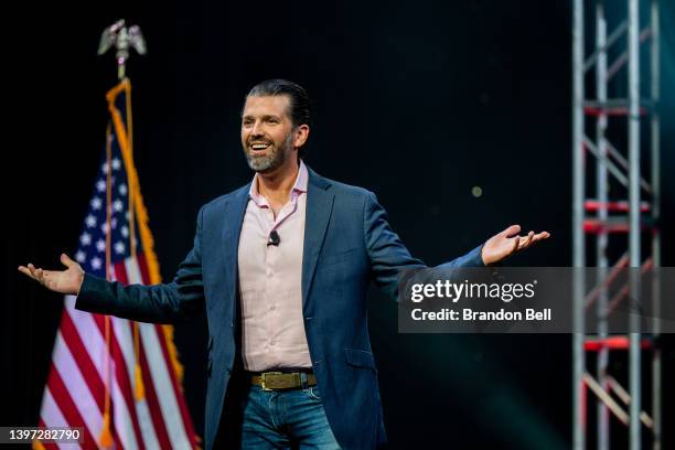 Donald Trump Jr., executive vice president of development and acquisitions for Trump Organization inc., speaks during the American Freedom Tour at...