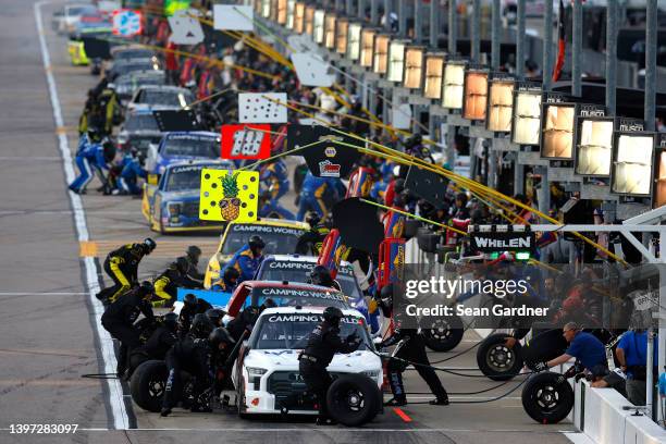 General view of of pit road during the NASCAR Camping World Truck Series Heart of America 200 at Kansas Speedway on May 14, 2022 in Kansas City,...