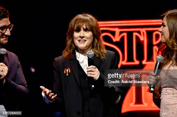 Winona Ryder speaks to fans onstage during Netflix's "Stranger Things" Season 4 New York Premiere at Netflix Brooklyn on May 14, 2022 in Brooklyn,...