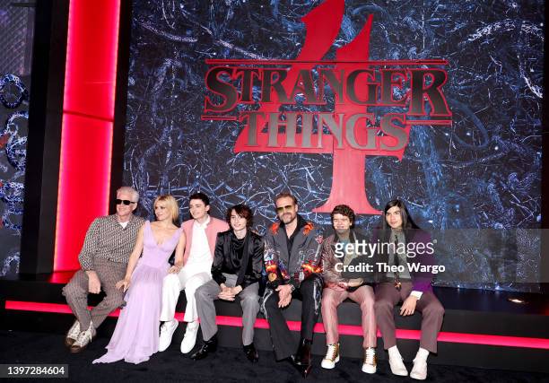 Matthew Modine, Cara Buono, Noah Schnapp, Finn Wolfhard, David Harbour, Gaten Matarazzo, and Eduardo Franco attend Netflix's "Stranger Things" Season...