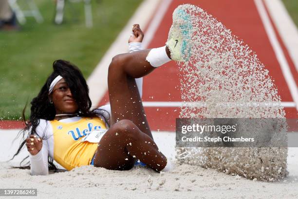 Nura Muhammad of UCLA competes in the women's long jump final during the Pac-12 Track & Field Championship at Hayward Field on May 14, 2022 in...