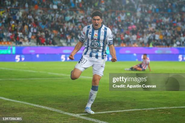 Nicolas Ibanez of Pachuca celebrates after scoring his team's first goal during the quarterfinals second leg match between Pachuca and Atletico San...