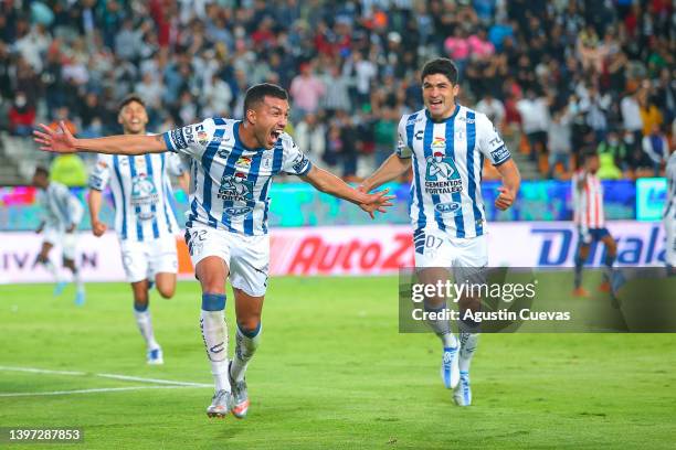 Gustavo Cabral of Pachuca celebrates after scoring his team'ss second goal during the quarterfinals second leg match between Pachuca and Atletico San...