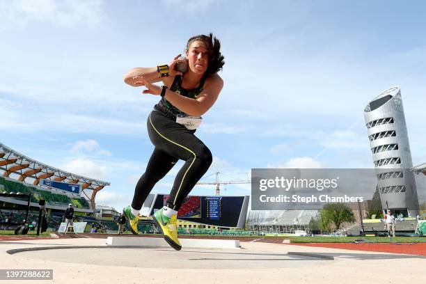 Mine De Klerk of Oregon competes in the women's shot put final during the Pac-12 Track & Field Championship at Hayward Field on May 14, 2022 in...