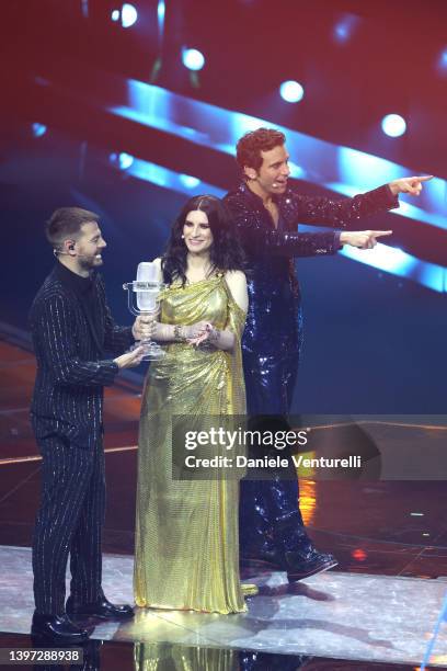 Alessandro Cattelan, Laura Pausini and Mika present the Eurovision Song Contest award during the Grand Final show of the 66th Eurovision Song Contest...