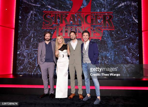 Matt Duffer, Millie Bobby Brown, Ross Duffer, and Shawn Levy attend Netflix's "Stranger Things" Season 4 New York Premiere at Netflix Brooklyn on May...
