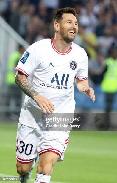 Lionel Messi of PSG celebrates his goal during the Ligue 1 Uber Eats match between Montpellier HSC and Paris Saint Germain at Stade de la Mosson on...