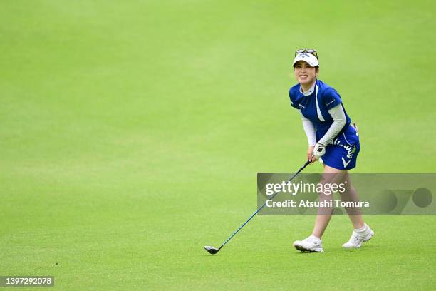 Yuna Nishimura of Japan reacts after her second shot on the 18th hole during the final round of the Hoken no Madoguchi Ladies at Fukuoka Country Club...