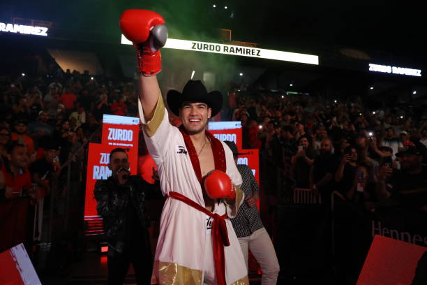 Gilberto Zurdo Ramirez makes his entrance for his 12 rounds light heavyweight fight against Dominic Boesel at Toyota Arena May 14, 2022 in Ontario,...
