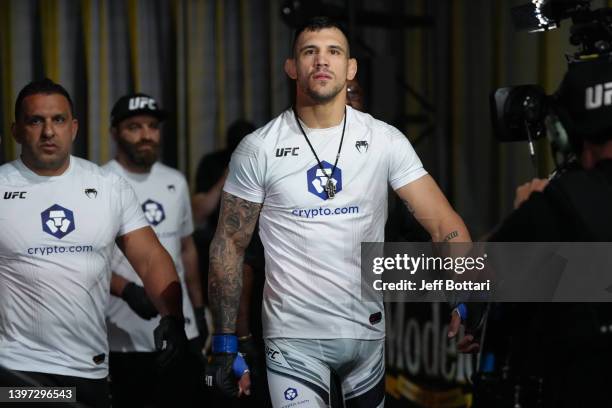 Aleksandar Rakic of Austria prepares to fight Jan Blachowicz of Poland in a light heavyweight fight during the UFC Fight Night event at UFC APEX on...