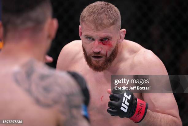 Jan Blachowicz of Poland battles Aleksandar Rakic of Austria in a light heavyweight fight during the UFC Fight Night event at UFC APEX on May 14,...