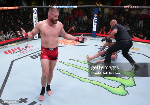 Jan Blachowicz of Poland reacts after his TKO victory over Aleksandar Rakic of Austria in a light heavyweight fight during the UFC Fight Night event...