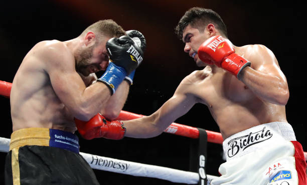 Gilberto Zurdo Ramirez punches his opponent for his 12 rounds light heavyweight fight against Dominic Boesel at Toyota Arena May 14, 2022 in Ontario,...