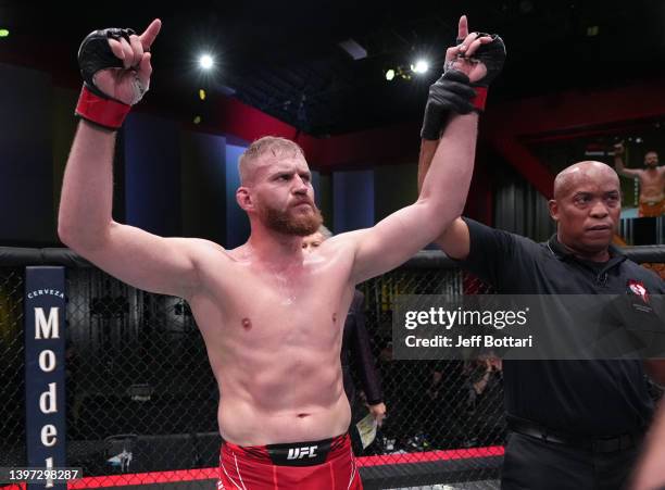 Jan Blachowicz of Poland celebrates after his TKO victory over Aleksandar Rakic of Austria in a light heavyweight fight during the UFC Fight Night...