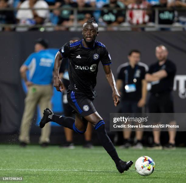 Kei Kamara of CF Montréal advances with the ball during a game between CF Montreal and Charlotte FC at Bank of America Stadium on May 14, 2022 in...