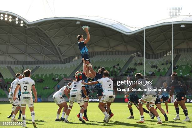 Josh Hill of the Rebels competes in the lineout during the round 13 Super Rugby Pacific match between the Melbourne Rebels and the Chiefs at AAMI...