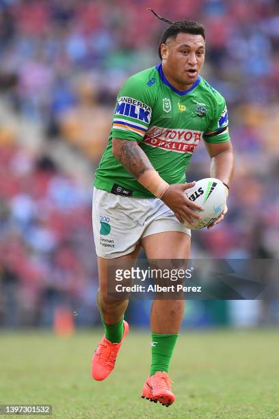 Josh Papalii of the Raiders runs with the ball during the round 10 NRL match between the Cronulla Sharks and the Canberra Raiders at Suncorp Stadium,...