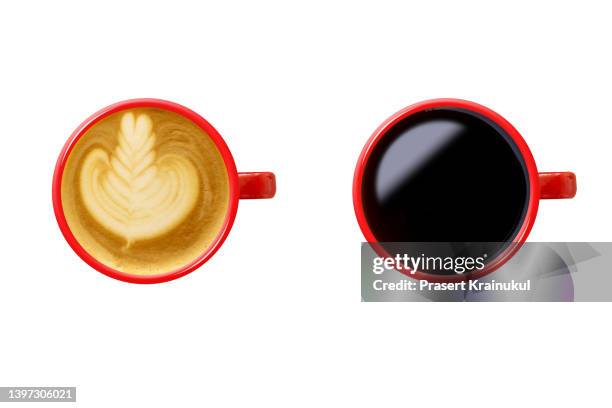 set of coffee mugs in red coffee cup, top view, isolated - mug mockup stock pictures, royalty-free photos & images