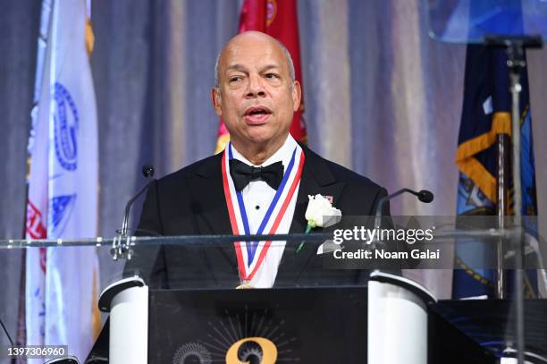 Former U.S. Department of Homeland Security Secretary Jeh Johnson speaks onstage at the 35th Anniversary Ellis Island Medals of Honor at Ellis Island...