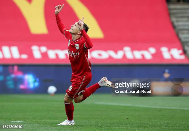 Craig Goodwin of United celebrates the first goal of the match during the A-League Mens Elimination Final match between Adelaide United and Central...