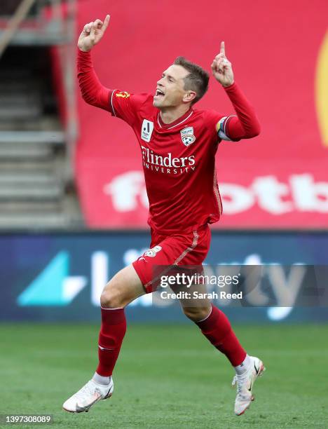 Craig Goodwin of United celebrates the first goal of the match during the A-League Mens Elimination Final match between Adelaide United and Central...