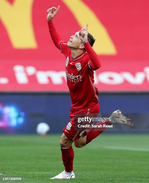Craig Goodwin of United celebrates the first goal of the match during the A-League Mens Elimination Final match between Adelaide United and Central...