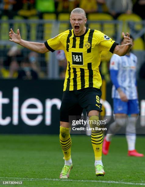 Erling Haaland of Dortmund is seen during the Bundesliga match between Borussia Dortmund and Hertha BSC at Signal Iduna Park on May 14, 2022 in...