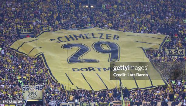Fans of Dortmund show a giant jersey of Marcel Schmelzer during the Bundesliga match between Borussia Dortmund and Hertha BSC at Signal Iduna Park on...