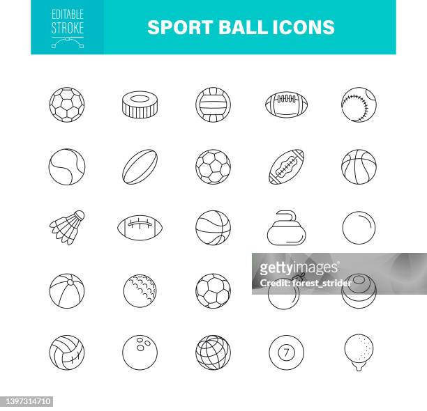sport balls icons editable stroke. the set contains icons as soccer, rugby, basketball, table tennis, ice hockey - handball stock illustrations